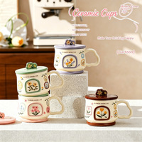 Mug Keramik Desain Bunga Bingkai Gambar Kreatif dengan Tutup dan Sendok - Cangkir Air / Cangkir Kopi Rumah Tangga, Hadiah Ideal Grosir