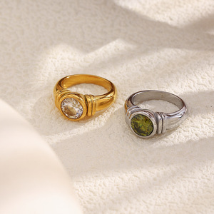 Stainless Steel Round Zircon Bezel Band <b>Ring</b> Vintage Textured Stackable <b>Statement</b> Finger <b>Ring</b> For Women Daily Party Jewelry - Product Image 4