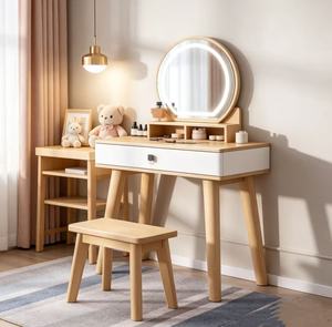 Scandinavian Solid Birch Makeup <b>Vanity</b> With <b>Lighted</b> Mirror And Stool For Bedroom - Product Image 1