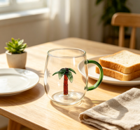 Gobelet en verre borosilicate de 420 ml, design moderne 3D palmier, poignée verte, compatible lave-vaisselle et micro-ondes, pour l'eau
