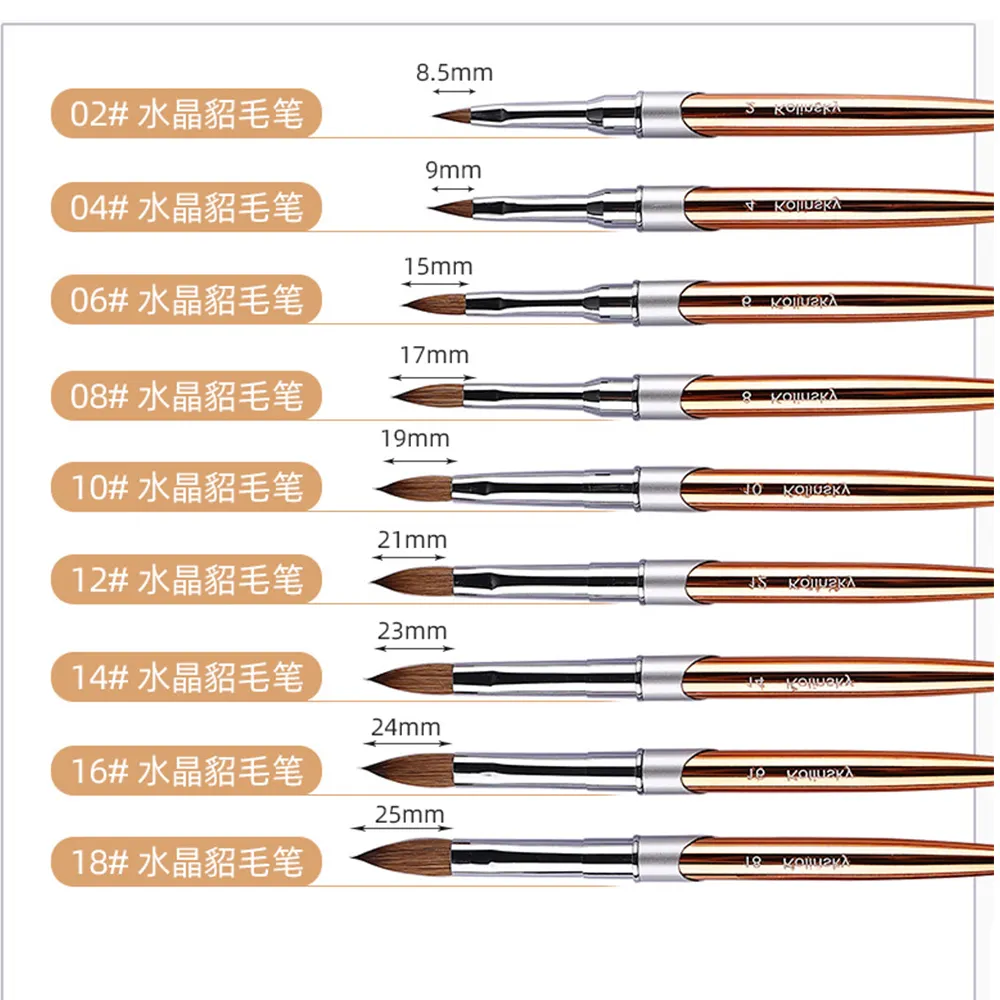 2023 새로운 용품 손톱 제품 100% Kolinsky 아크릴 네일 아트 브러쉬 금속 핸들 아크릴 젤 폴란드어 네일 브러쉬 골드 핸들