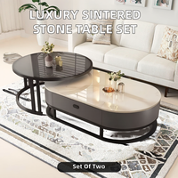 Ensemble de 2 tables d'appoint de luxe en pierre frittée, style moderne, en acier inoxydable argenté et doré, pour salon et maison