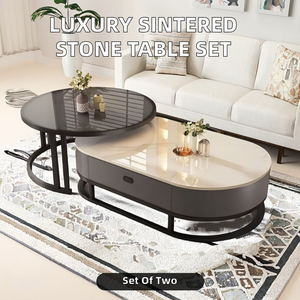 Luxury Sintered Stone Top Coffee Tea Side <strong>Table</strong> <strong>Set</strong> <strong>of</strong> 2 Modern Silver Gold Stainless Steel Marble <strong>Living</strong> <strong>Room</strong> Home Furniture - Product Image 5