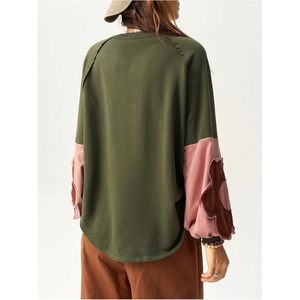 FOXA Women's Oversized Sweatshirt <b>Patchwork</b> Crewneck Petal Sleeve Long Sleeve Pullover <b>Tops</b> Breathable Knitted Cotton Blend - Product Image 2