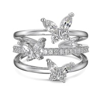 Vente en gros de bagues en argent 925 plaqué or 18 carats avec pierre émeraude taillée, design à trois couches de zircon, bague papillon, bijoux tendance
