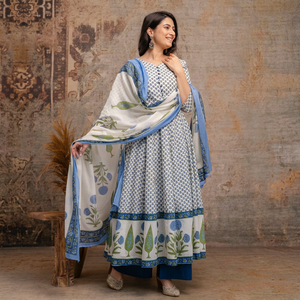 Premium <b>White</b> Blue 60x60 Cotton Anarkali <b>Suit</b> Set with Floral Print Kurta Matching Pants and Dupatta for <b>Women</b> Ethnic Wear - Product Image 1