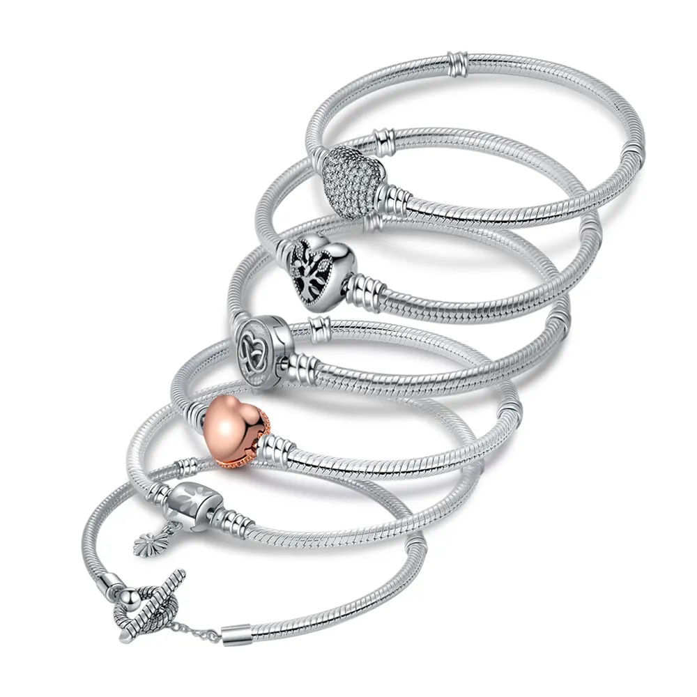 2023 New 925 Sterling Silver Design charm Bracelets Clasp Heart Beads Snake Chain Bracelets Adjustable Friendship Bangles