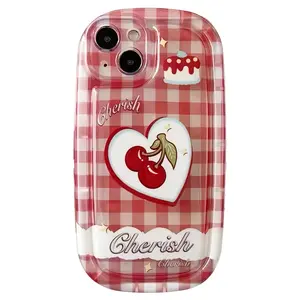 Red Checked Heart Cherry Phone Case For iPhone 14 Plus 7 8 X XS XR 11 12 13 Pro Max Mini Silicone Cover Cases With Holder
