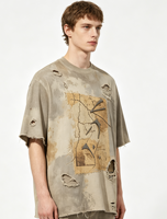 Short homme 100% coton, personnalisé, impression Kornit, grammage lourd, effet vieilli, délavé soleil, teinture boue, effet pulvérisé, style streetwear Wasteland, DTG, couleur unie