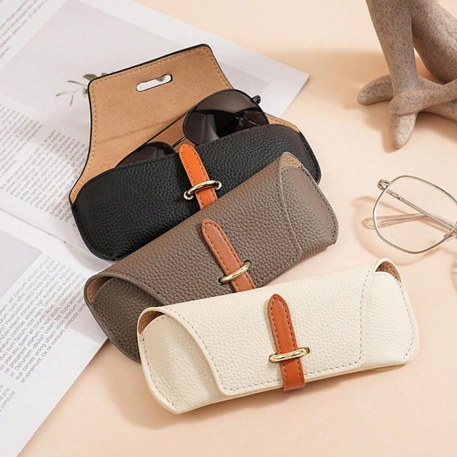 Textured Leather Soft Fashionable Eyewear Pouch with Buckle Design Sunglasses Case & Protective Cover for Women