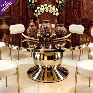 Sino Perfect Furniture <b>Round</b> Stainless Steel Gold Legs Wedding Event Banquet Tempered Glass Dinning Luxury <b>Table</b> and Chair <b>Set</b> - Product Image 1