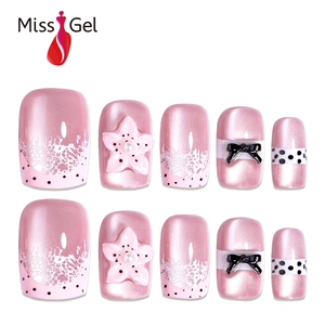 32 <span class=keywords><strong>Uñas</strong></span> Postizas Rosas <span class=keywords><strong>con</strong></span> Efecto Ojo de Gato Magnético, Cobertura Completa, ABS, Puntas de <span class=keywords><strong>Uñas</strong></span> a Presión, Cuadradas Medianas-Largas, Flor 3D, Lazo Negro, Encaje, Puntos - Product Image 1