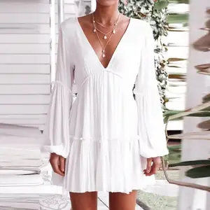 New Arrived Fashion Women White Sexy Deep V-neck Solid Color Long Puff Sleeve Falbala Short Dress Vacation Ladies Loose Dress