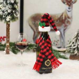 <b>Christmas</b> Hat Scarf Wine Bottle Cover Set Red Black Plaid Pattern Cutlery Sleeve Utensil Wrapper Holiday <b>Table</b> Decor - Product Image 2