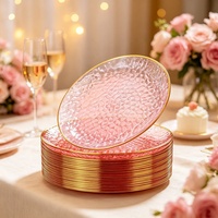 Assiettes de présentation rondes en plastique jetables bleues martelées avec bord doré pour la décoration de table de mariage, d'anniversaire ou d'événement - Vente en gros