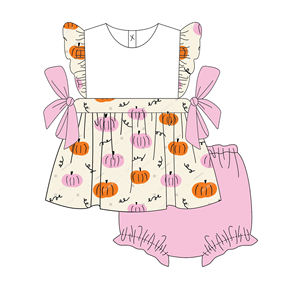 Ropa a juego personalizada para <span class=keywords><strong>Hermanas</strong></span>, conjunto de pantalones cortos de <span class=keywords><strong>dos</strong></span> piezas, conjunto de algodón con estampado de calabaza y lazo, traje para niñas pequeñas, venta al por mayor - Product Image 3