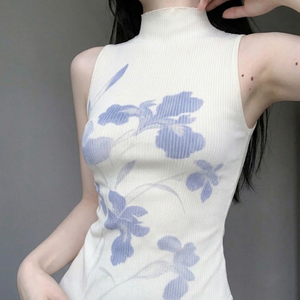 Débardeur sans manches pour femme, style chinois, à motif floral, respirant, col roulé, en maille extensible, coupe ajustée, couche de base sportive, avec logo frontal - Product Image 3