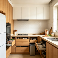 Ensemble d'armoires de cuisine en contreplaqué sur mesure, écologiques, durables, imperméables et modernes pour projets de villas et d'appartements
