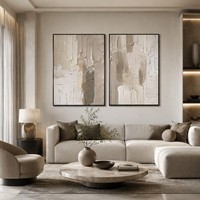 Ensemble de 2 grandes peintures à l'huile abstraites texturées 3D beige et grises peintes à la main, style moderne, décoration murale sur toile