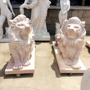 Estatua de León Decorativa de Mármol de Tamaño Real para Puerta Exterior, Leones de Mármol Rosa para Templo en Venta - Product Image 1