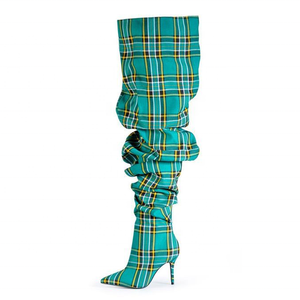 Bottes hautes à imprimé écossais, taille 44, avec demi-fermeture éclair latérale, pour femmes, à talon aiguille, bout pointu, montantes jusqu'au-dessus du genou - Product Image 2