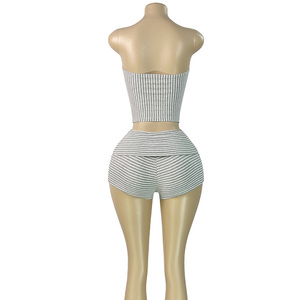 Completo Estivo da Donna a Righe: Top a Fascia e Pantaloncini a Costine, Abbigliamento Casual in Cotone Lavorato a Maglia, Set 2 Pezzi - Product Image 4