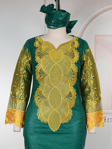 H&D WT04 Nuovi Arrivi Abiti Africani per Donne, Vestito Bazin Ricamato con Strass, Abito Casual con Foulard - Product Image 6