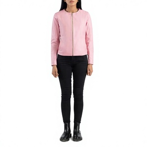 Chaqueta Bomber de Cuero Sintético Rosa para Mujer, Manga Larga, Cierre de Cremallera, Cuello Redondo, Corta, para Otoño - Product Image 1