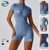 Combinaison de sport zippée pour femmes, une pièce, couleur unie, tricot côtelé, manches courtes, combinaison sexy pour l'entraînement, combinaison zippée
