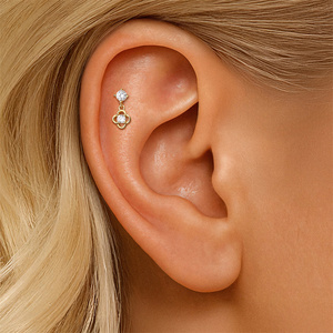 Boucle d'oreille piercing barbell à dos plat en Or 18K et Argent Sterling S925, avec motifs Papillon, Gland, Croix, Trèfle, Floral et Zircone Cubique - Product Image 6