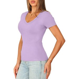 FOXA Haut côtelé à col en V et manches courtes pour femme, en maille douce et extensible, décontracté et élégant, violet, tailles S M L XL - Product Image 3
