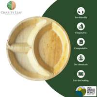 Assiette en feuille de palmier naturelle de 10 pouces à 3 compartiments, fabriquée à la main en Inde, compatible micro-ondes, compatible réfrigérateur, compostable, biodégradable