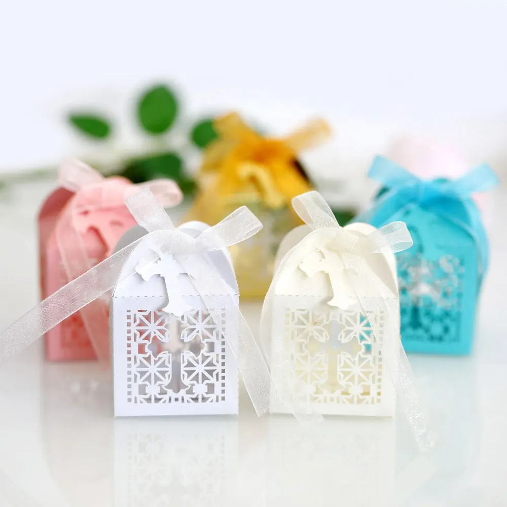 Ribbon Hollow Cross Square Paper Boxes Gold Candy Sweet Gift Packaging Box