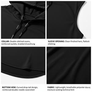 Chaleco sin mangas para hombre con dobladillo curvo, 100% algodón, con capucha TKAN994D, negro liso, informal, holgado, estilo urbano, para gimnasio, camisetas sin mangas a bajo precio - Product Image 2