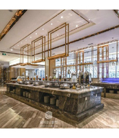 Ensemble de comptoir de bar de buffet d'hôtel commercial écologique avec réfrigérateur intégré, design contemporain, surface solide en acrylique, 6 places assises