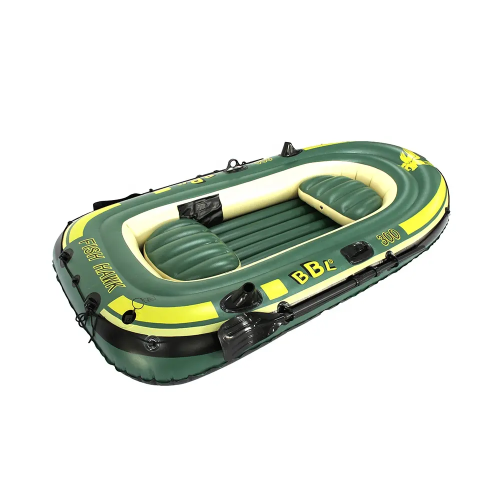 Barco inflável dobrável para pesca, 2 pessoas, cor verde, uso externo, água, barco a remo, pvc