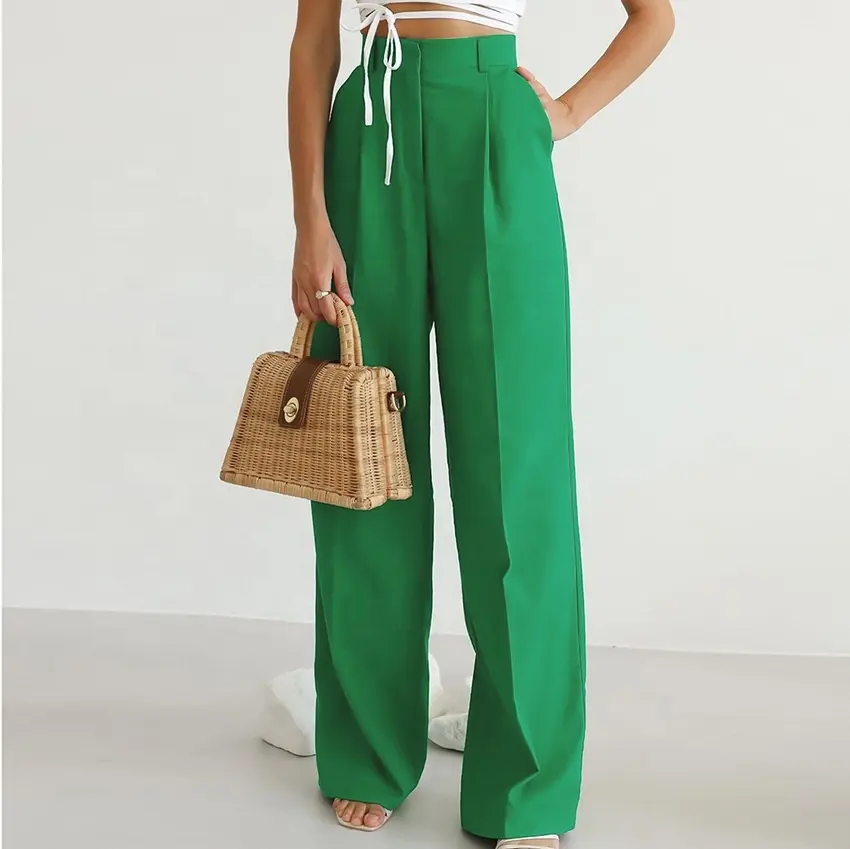 Fashion Lady Office Formal Pants With Pocket Women Palazzo Wide Leg Pant Pleated Elegant High Waisted Dress Pants