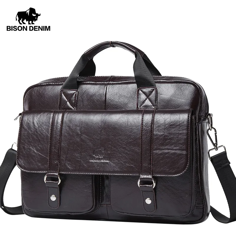 BISON DENIM Genuine Leather Men Bag Large Capacity Handbag 14" Laptop Briefcase Business Male Tote Office Laptop Bags