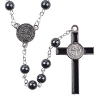 Chapelet en hématite, perles en pierre naturelle, médailles de Saint Benoît, chapelet noir pour hommes, acier inoxydable, chapelets catholiques