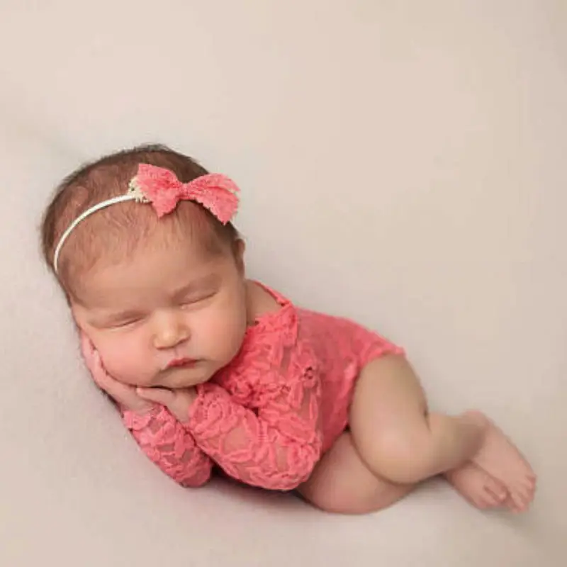 Newborn Baby Lace Rompers Headband Set Photography Props Infant Floral Lace Romper Clothing Shoot Outfits with Bow Headdress