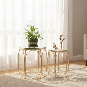 Set di Tavolini Rotondi Moderni e Classici per <span class=keywords><strong>Soggiorno</strong></span>, 2 Tavoli Laterali in Metallo Dorato con Piano in Vetro Temperato - Product Image 2