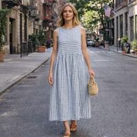 Robe d'été décontractée en lin sur mesure, sans manches, à rayures, élégante et confortable pour femmes. Portez des vêtements élégants pour femmes