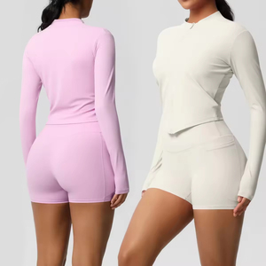 新デザイン2ピース屋外スポーツジッパー長袖ポケットジムショーツ女性用ヨガセット - Product Image 1