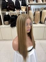 Sheitel certifié casher, brun clair, lisse, avec dessus en dentelle, 100% cheveux humains européens