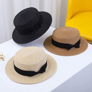 Chapeaux de plage d'été en gros pour enfants, protection solaire, chapeau de paille à calotte plate pour enfants avec ruban - Product Image 1