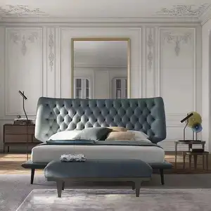 Postmoderne blaue Leder betten Luxus hohes Kopfteil Leder bett King Size Schlafzimmer möbel