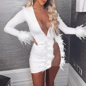 2022 जाल के माध्यम से देखें Bodycon शाम पार्टी पोशाक सेक्सी सेक्विन सफेद स्त्राी कपड़े मिनी कपड़े महिला