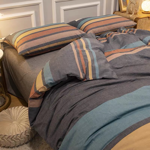 Juego de Sábanas Nórdicas Simples de Cuatro Piezas, de Algodón Puro Teñido con Hilo, Lavado, para <span class=keywords><strong>Cama</strong></span> Doble, Funda de Edredón, Lujo Moderno - Product Image 3