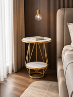 Table basse ronde moderne en pierre frittée, portable, avec cadre en fer géométrique couleur or champagne et étagère de rangement inférieure, directement de l'usine