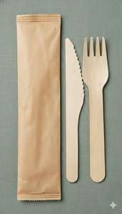 Tenedor y Cuchillo Biodegradables Ecológicos de Madera de Magnolia Conifera Envueltos en Papel Compostable - Product Image 4